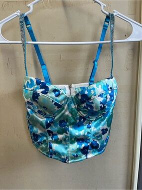 UCA Lingerie Turquoise Floral Satin Bustier Crop Top NWT size 36B